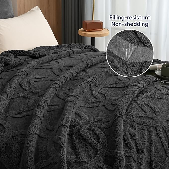 PHF Soft Sherpa Fleece Blanket Queen Size for Bed, 510GSM Fleece Lightweight Yet Warm Blanket, No Shed No Pilling, 90" x 90", Tufted Jacquard Cozy Thick Bed Throw for Home Decor Christmas, Dark Grey