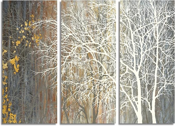 Yihui Arts Brown Canvas Wall Art - Tree Couples Paintings with Gold Foil - 3 Panels Abstract Forest Pictures for Farmhouse Bedroom Bathroom Living Room Decor