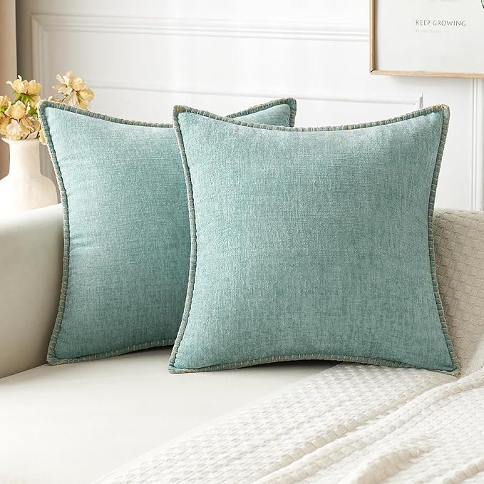 MIULEE Pack of 2 Summer Throw Pillow Covers 20x20 Inch Coastal Aqua Blue Farmhouse Decorative Pillow Covers Stitched Edge Soft Chenille Solid Dyed Spring Pillow Covers for Couch Sofa Bed Living Room