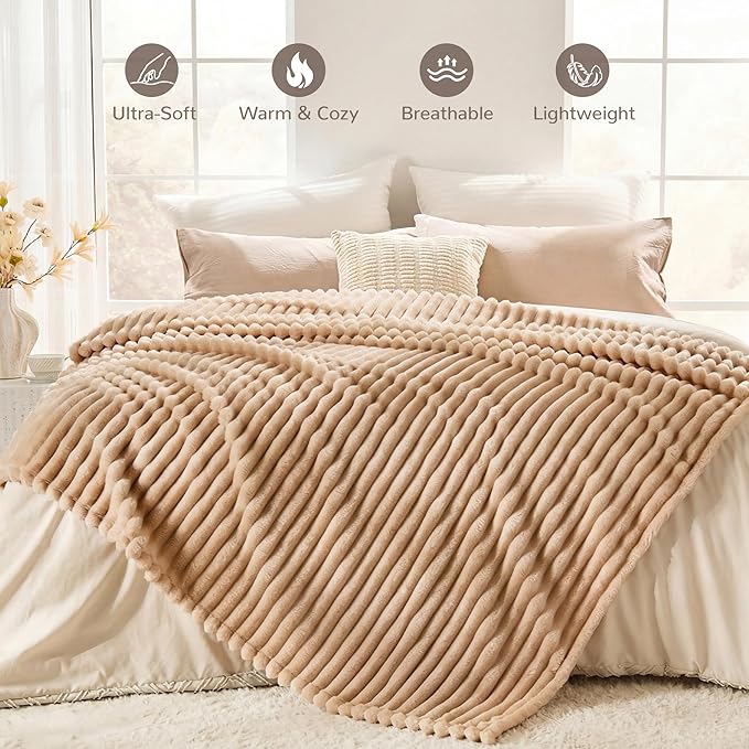 Light Brown Fleece Queen Size Blanket for Bed, 320GSM Super Soft Cozy Blanket for Home Decor, Perfect Cozy Gifts for Women Men Gifts, Lightweight All Season Bed Blanket, 90x90 Inches