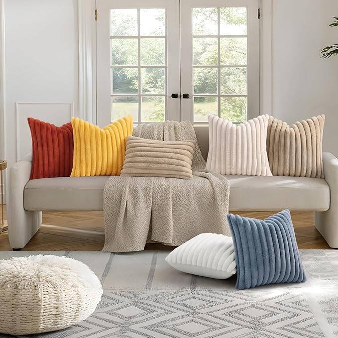 decorUhome Cozy Faux Fur Throw Pillow Covers 16x16 Set of 2 Decorative Soft Plush Striped Modern Farmhouse Boho Couch Pillow Cases with Velvet Back for Sofa Bed Living Room, Blue