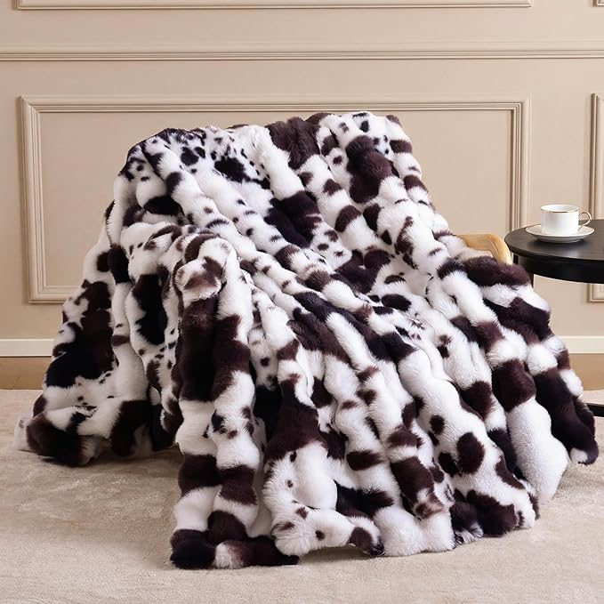 Smoofy Faux Fur Throw Blanket for Couch – Cow Print Brown Fluffy Cozy Rabbit Fleece, Plush Soft Bubble Blanket for Sofa & Bed, Gifts for Mom, Warm Fuzzy Home Room Decor Throw 50" x 60"