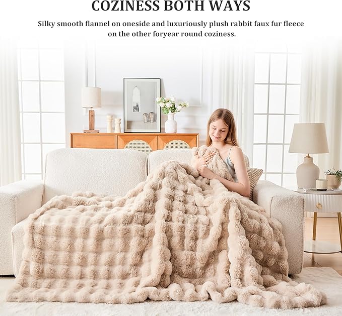 Faux Fur Twin Blanket for Couch, 1000 GSM Cozy Fuzzy Fluffy Soft Plush Thick Bubble Sherpa Blanket for Sofa Bedroom Living Room, Mothers Day Birthday Gifts for Women Home Decor