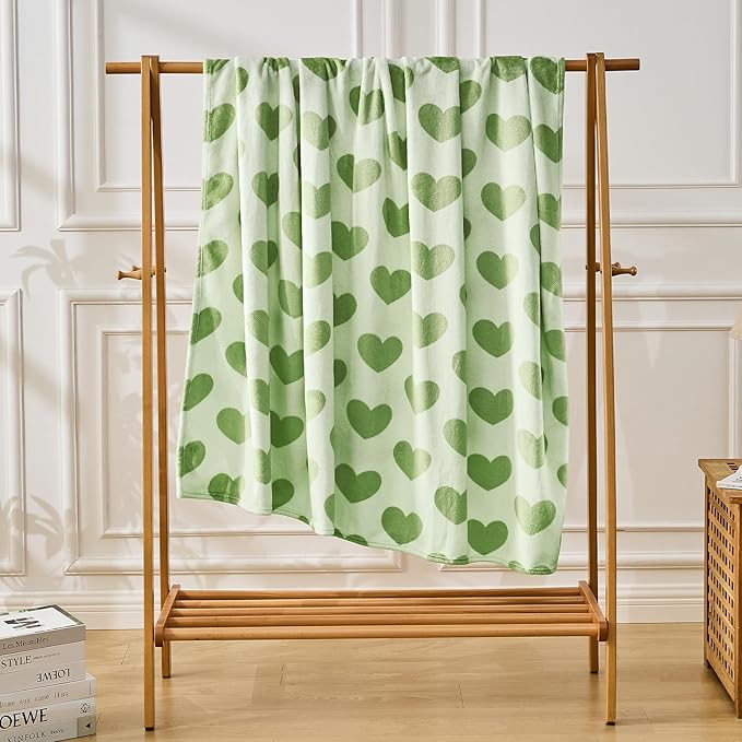 FY FIBER HOUSE Heart Flannel Queen Blanket Soft Cozy Blankets for Lover Gifts All Season Use, 90x90 Inches, Sage Green