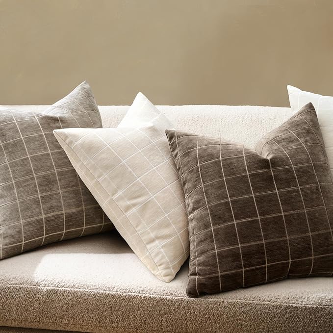 MIULEE Decorative Chenille Check Throw Pillow Covers Vintage Plaid Couch Pillows 20x20 Inch Set of 2 Neutral Boho Farmhouse Cushion Covers Modern Spring Home Decor for Sofa Bed Living Room Beige