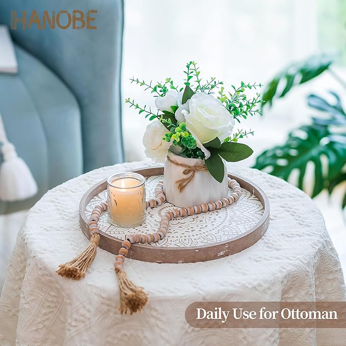Hanobe Decorative Coffee Table Tray: Round Wood Trays for Boho Home Decor 12 Inch Rustic Farmhouse Centerpiece for Living Dining Room Ottoman Kitchen Counter Brown
