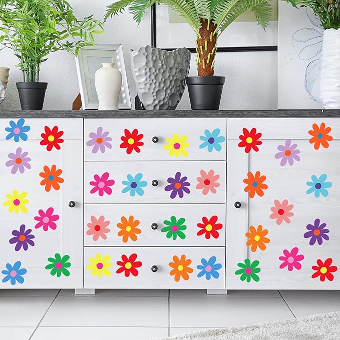 BBTO Daisy Wall Decal Flower Vinyl Wall Decals Daisy Stickers Floral Decals Peel and Stick for Nursery Art Bedroom Living Room(Simple Style,Rainbow Color)
