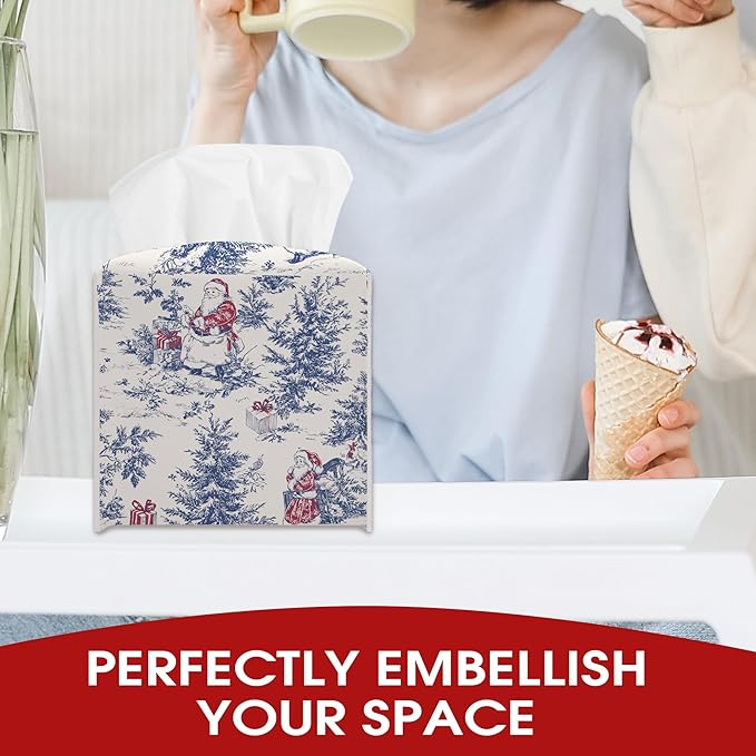 Watercolor Blue Chinoiserie Tissue Box Cover, Christmas Santa Claus Tissue Box Cover Square, Xmas Gift Ideas for Family Friends, Bathroom Kitchen Car Office Home Table Decor(5.2 Inches)-B18