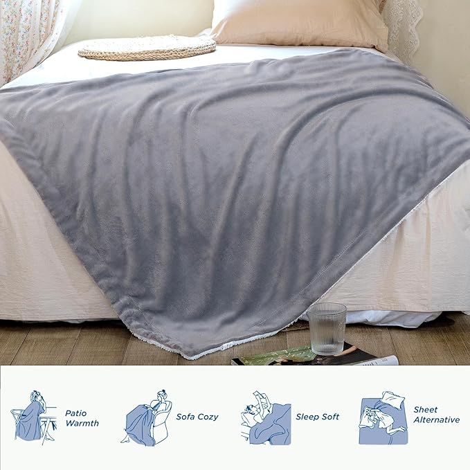 K.Garden Sherpa Fleece Throw Blanket for Couch Sofa, Super Soft Cozy Fuzzy Plush Blankets Fleece Thick Warm Blanket for Winter Reversible Thick Warm Blanket for Bed, Sofa, Grey 6080