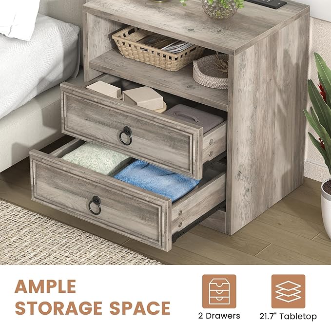 Farmhouse Nightstand with Charging Station, 21.7" Wide End Table with 2 Drawers & Open Compartment, Grey Wood Side Table, Bedside Table for Bedroom, Living Room, Sofa