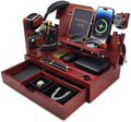 Nightstand Organizer for Men with Large Drawer, Wood Phone Docking Station for Phone, Apple Watch, Wallet & Keys, Ideal Birthday Gift for Father Husband, Bedside Desk Organizer (Mahogany)