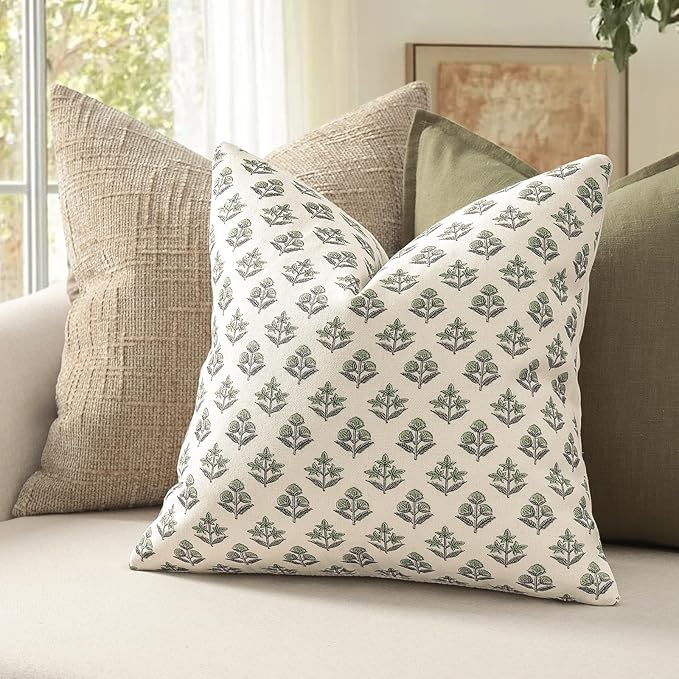 YCOLL Farmhouse Floral Print Throw Pillow Covers 24x24 Set of 2, Rustic Decorative Cushion Covers for Sofa Couch Bed Living Room, Vintage Floral Patterned Cottage Home Decor, Sage Green