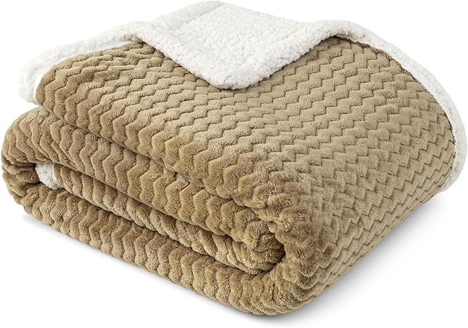 PAVILIA Tan Taupe Couch Blanket Throw Reversible Sherpa Chevron, Soft Cozy Jacquard Weave Textured Blanket Sofa Bed, Thick Warm Large Fleece Car Blanket, Decorative Plush Home Decor, 50x60 Beige Camel