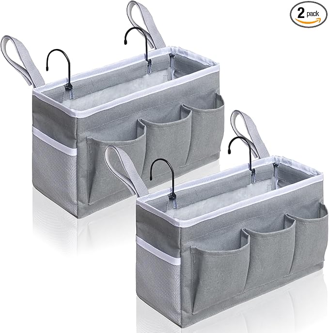 Bedside Caddy Hanging Storage Bag, Organizer Baskets with Pockets for Bunk Bed Accessories, Loft & Dorm Rooms Chair Bed Rails (Gray)