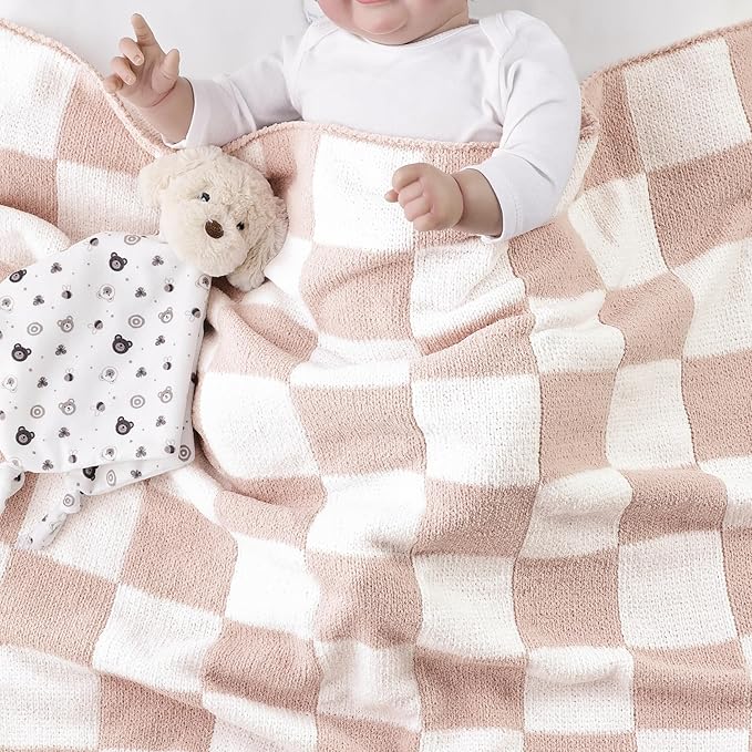 CREVENT 2Pcs 30''X40'' Cute Cozy Fluffy Warm Baby Blankets for Infants Toddlers' Bedding Crib Cot Stroller - Grey Cloud + Knit Checked Pink