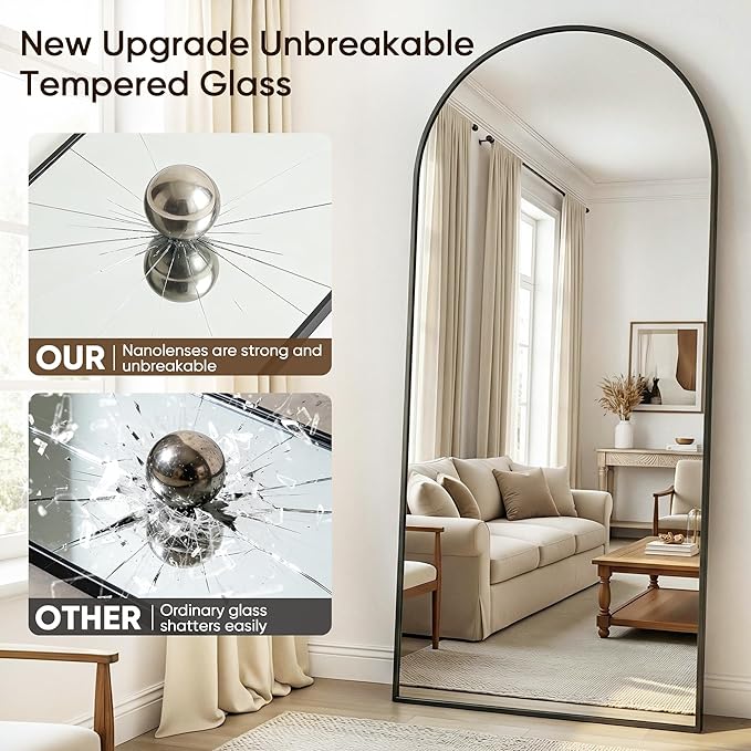 Antok Full Length Mirror, 90"x46" Floor Mirror with Stand, Hanging Mounted Mirrors for Bedroom, Living Room, Cloakroom, Dining Room, Black, Arched