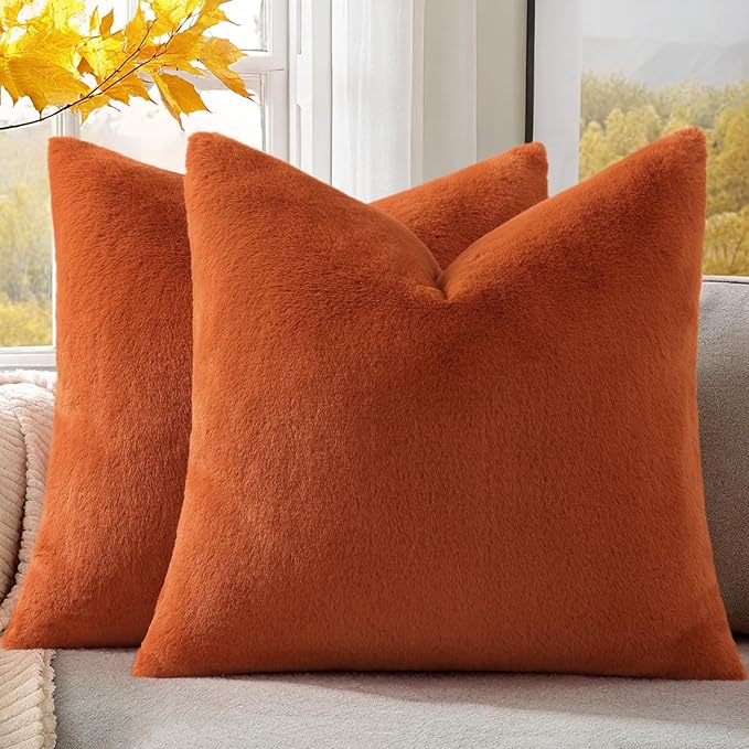 Pallene Faux Fur Plush Throw Pillow Covers 24x24 Set of 2, Soft Fluffy Couch Pillow Covers for Living Room, Rust