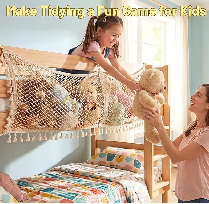 Ofiray-home Stuffed Animal Hammock, Bedside Stuffed Animal Storage Net Corner - Kids Nursery Wall Bedroom Home Decor, Cotton Bedside Toy Organizer Net with Tether, Stretches up to 47.25 In, Beige