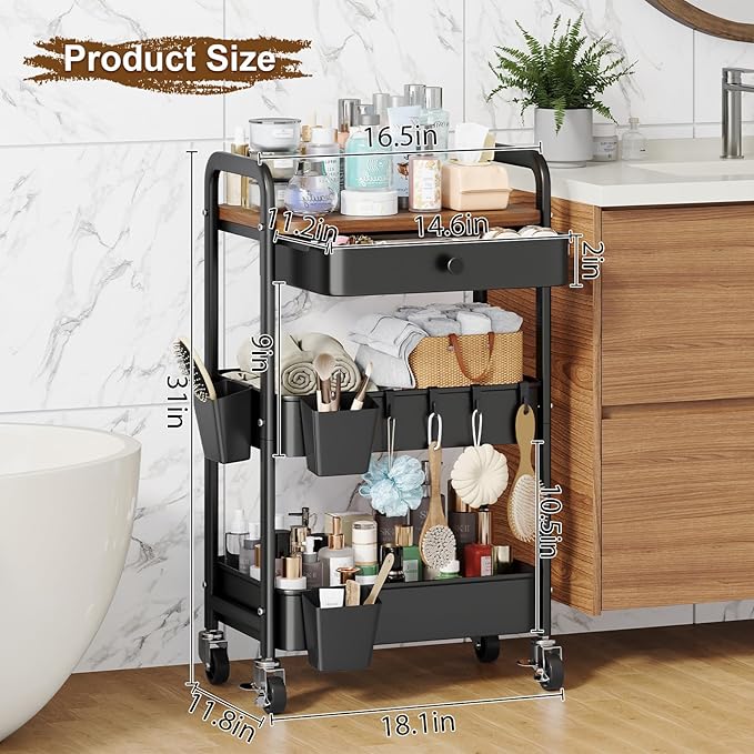 3 Tier Metal Rolling Cart with Wooden Table Top and Drawers, Black Utility Storage Cart on Wheels, Three Tiered Art Carts Organizer for Craft, Baby Diaper Caddy, Snack, Laundry, Dorm, Bedside,Bathroom