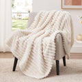 EXQ Home Fleece Blanket Twin Size for Couch or Bed - 3D Stripe Jacquard Decorative Blankets - Cozy Soft Lightweight Fuzzy Flannel Blanket Suitable for All Seasons(60"×80",Beige)