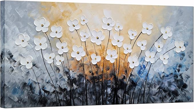 SYGALLERIER White Flower Canvas Wall Art - Hand Painted 3D Oil Paintings - Black Blue Pictures for Living Room Farmhouse Dinning Room Decor