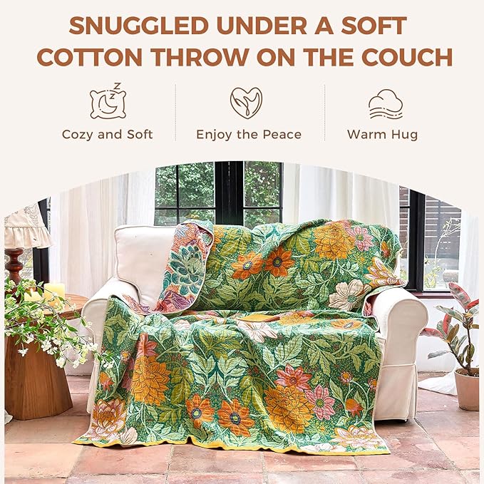 Boho Throw Blanket for Bed Cotton Spring Blankets Bedroom Living Room Twin All Season Lightweight Floral Embroidery Quilt for Couch Sofa Chair 60"x80"