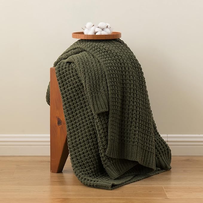 Bunnikins & Clover Olive Green Throw Blanket for Couch, Waffle Knit Blanket Throw, Super Soft Warm Dark Green Throw Blanket for Home Decor,Sofa and Living Room, 60"x80"