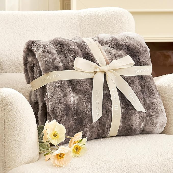Cozy Bliss Deluxe Striped Rabbit Faux Fur Throw Blanket, Soft Fluffy Warm Plush Blanket for Winter, Modern Homr Decor, Tie-dye Grey 60"x80"