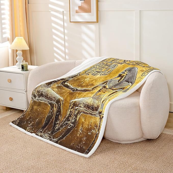 Gold Egyptian Print Blanket Throw Ancient Egypt Style Sherpa Blanket Old Egypt Hieroglyphics Pattern Fleece Blanket for Kids Adults Man Egyptian Civilization Fuzzy Blanket Sofa Decor Queen 90"x90"