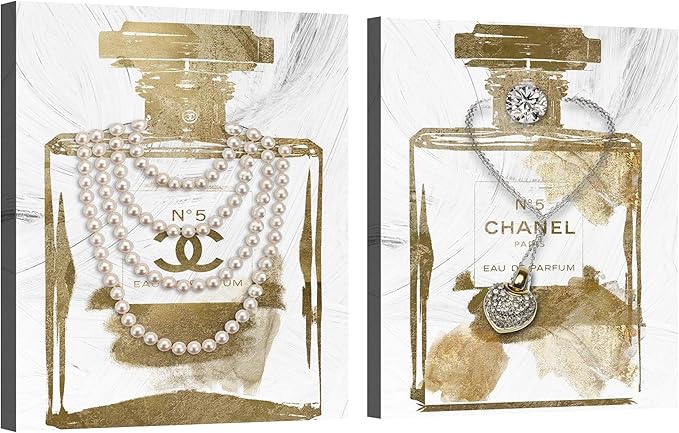 2 Pieces Vintage Perfume Bottle Wall Art Gold Canvas Pictures Wall Decor Modern Luxury Fashion Posters Print Glam Artwork Picture for Bedroom Make up Room Home Decor 12"x16"(30x40cm)