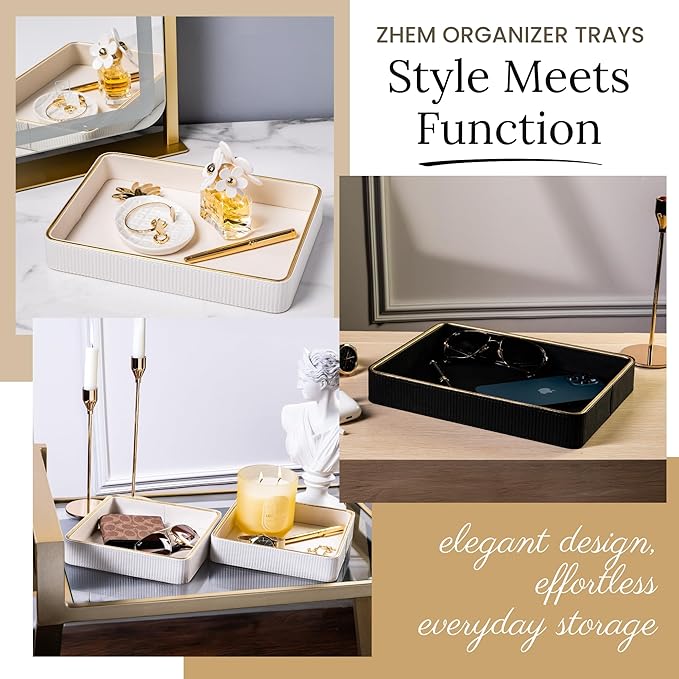 ZHEM Small Night Stand Organizer Nightstand Tray Bedside Table Organizer Women| Dresser Trays for Bedroom Leather Valet Trinket Tray Catch All| Purse Bowl| Valet Tray for Women (White)