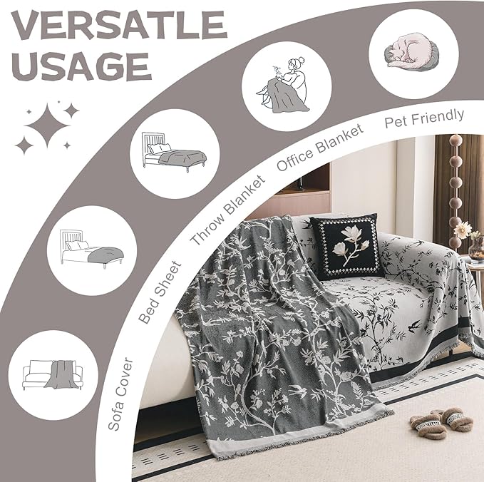 HANDONTIME Couch Cover for Dogs Washable Bird Floral Pattern Slipcovers for Couches and Sofas Grey Sofa Covers with Black Jacquard Flower Chenille Couch Cover Blanket Pet Friendly, 71" X 118"