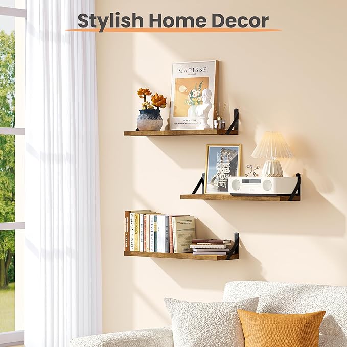 upsimples 23.6 Inches Floating Book Shelves for Wall, Floating Wood Shelves for Living Room, Laundry Room, Bedroom, Office Organizer and Storage, Brown