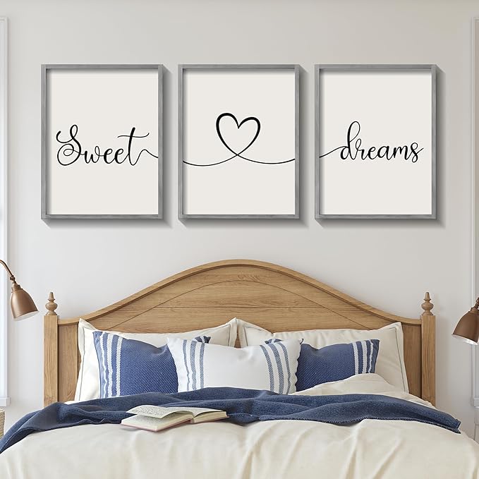 Ronasip Sweet Dreams Wall Decor for Bedroom Set of 3 Framed Wall Art for Farmhouse Rustic Home Master Bedroom Decor (11”x14”, Gray)