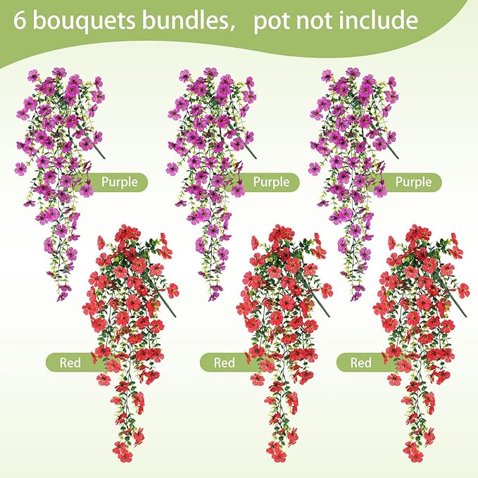 Artificial Flowers for Outdoors Spring Decor, 6 Bundles UV Resistant Realistic Fuax Silk Hanging Flowers, Fake Plants for Planter Indoor Outside Garden Porch Patio Balcony Yard Farmhouse