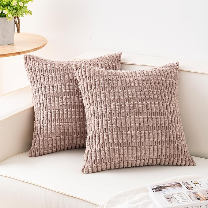 Aegero Pack of 2 Corduroy Decorative Throw Pillow Covers 26x26 InchSoft Striped Pillow Covers Modern Farmhouse Home Decor for Sofa Living Room Couch Bed（Light Brown）