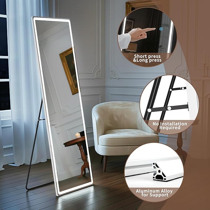 64"x21" Full Length Mirror with LED Lights, Mirrors with Dimming & 3 Color, Full Body Mirrors with Aluminum Alloy Thin Frame for Bedroom, Dressing Room