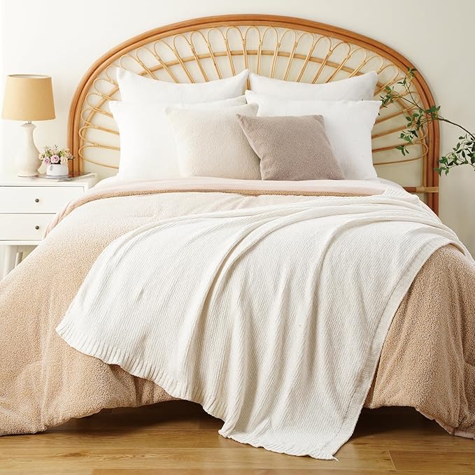 BATTILO HOME White Chenille Throw Blanket for Couch, Knit Cream Chenille Blanket for Bed, Sofa, Home Decor, Soft Warm Ivory Throw Blankets for Farmhouse,51"x67"