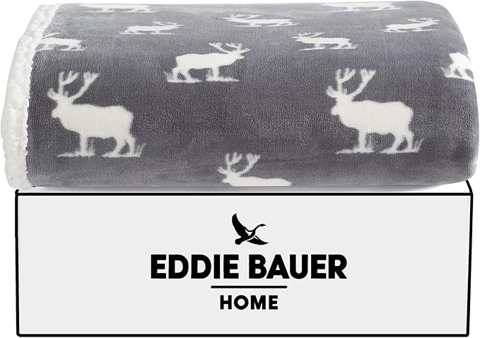 Eddie Bauer - Throw Blanket, Brushed Fleece & Plush Sherpa Bedding, Blanket for Couch & Bed (Elk Stance Grey, 50" x 60")