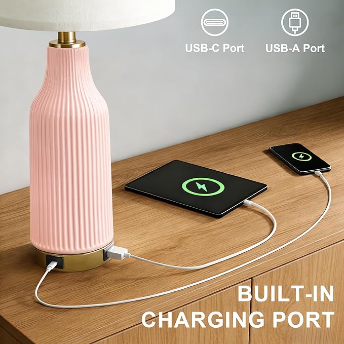 24.5" Modern 3-Way Dimmable Touch Control with 5FT Cord & USB A+C Ceramic Lamps Set of 2 Table Lamp for Living Room Bedroom Farmhouse Nightstand Bedside Pink