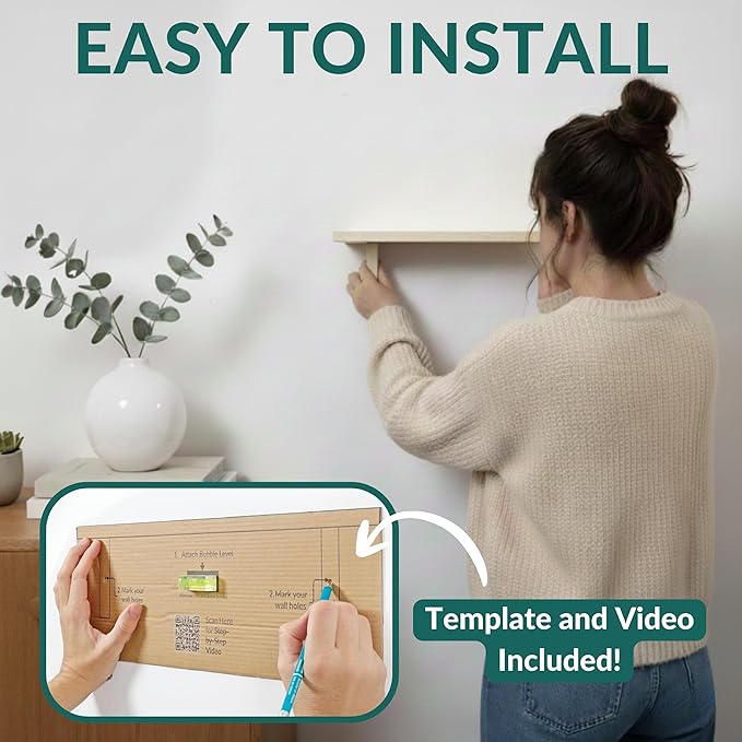 Real Wood White Wall Shelves for Bathroom - 17 inch (2 Pack) - Easy to Install, Template and Video Included - Long Wall Mounted Shelves for Office, Living Room, Bedroom, Kid's Room, and Kitchen
