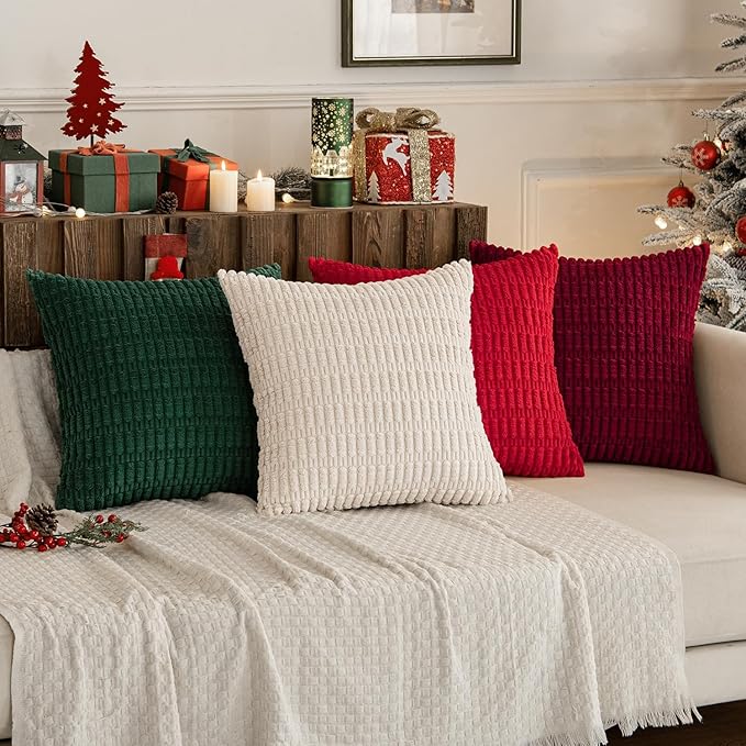 MIULEE Pack of 4 Christmas Boho Farmhouse Red and Green Corduroy Decorative Throw Pillow Covers 20x20 Inch Retro Soft Striped Pillow Covers Home Decor for Sofa Living Room Couch Bed