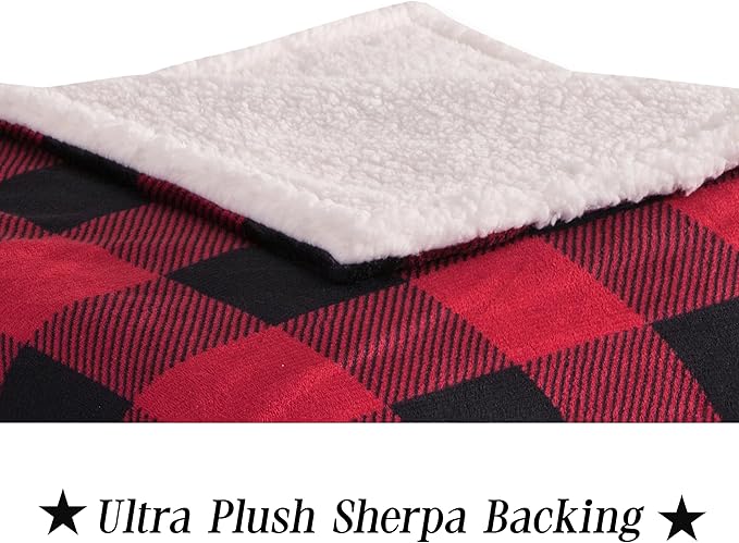 Elegant Comfort Luxury Ultra-Plush Velvet Touch Buffalo Plaid Fleece Throw - Soft, Warm, Cozy Micromink Sherpa-Backing Reversible Blanket for Bed, Sofa and Couch, Buffalo Burgundy