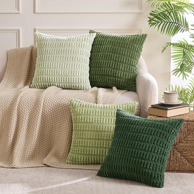 MIULEE Soft Corduroy Spring Throw Pillow Covers Set of 4 Forest Green 18x18 Inch Modern Farmhouse Boho Decorative Accent Cushion Covers for Couch Sofa Bedroom