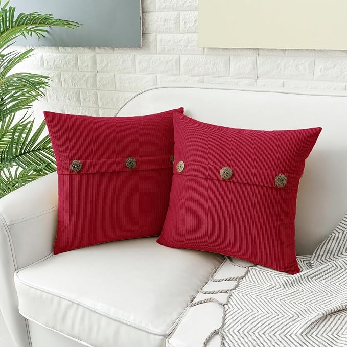 HWY 50 Red Chenille Throw Pillow Covers 20x20 Inch with Triple Buttons, Soft Farmhouse Accent Decorative Cushion Cases for Couch Sofa Bed Living Room Pack of 2