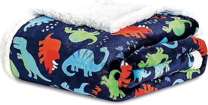 Elegant Comfort Luxury Dinosaur Sherpa Throw Blanket Ultra -Soft Cozy Velvet Cute Dino Fleece Throw-Micromink Sherpa - Cute Birthday Gift for Boys and Girls Kids, Sherpa Reversible Blanket- Navy Dino