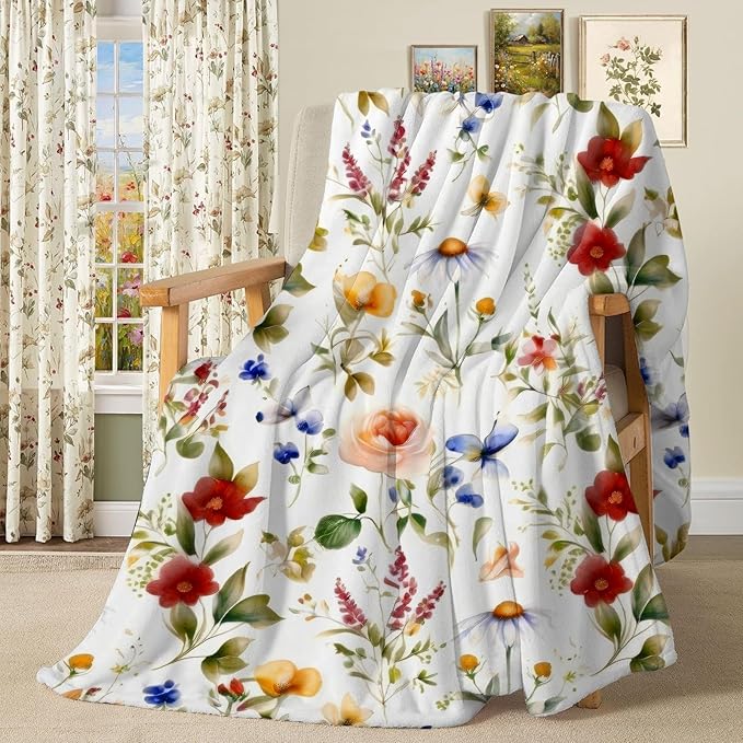 yuboo Floral Throw Blanket - Spring Colorful Flower Blanket, Soft Lightweight Fluffy Blanket for Sofa,Couch,Bed, Vintage French Country Throw Home Decor, 50 x 60 Inch