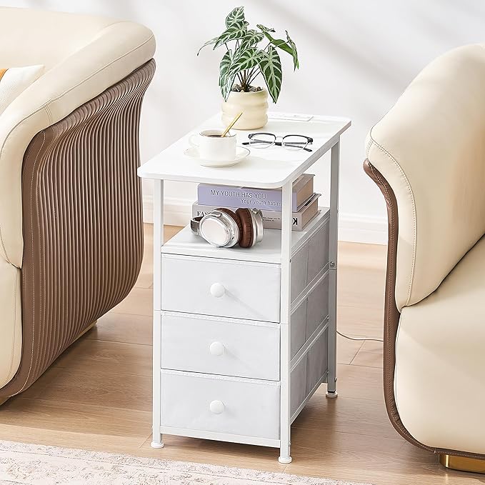 Narrow End Table with Charging Station, Narrow Side Table with 3 Fabric Drawers, Slim Nightstand with LED Light, Small Table with Storage, Living Room, Bedroom, White HKET1303WT