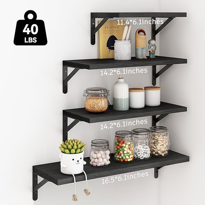 YGEOMER Black Shelves for Wall, Black Wall Floating Shelves Different Sizes for Living Room, Bathroom, Bedroom, Kitchen, Home Decor (Set of 4)