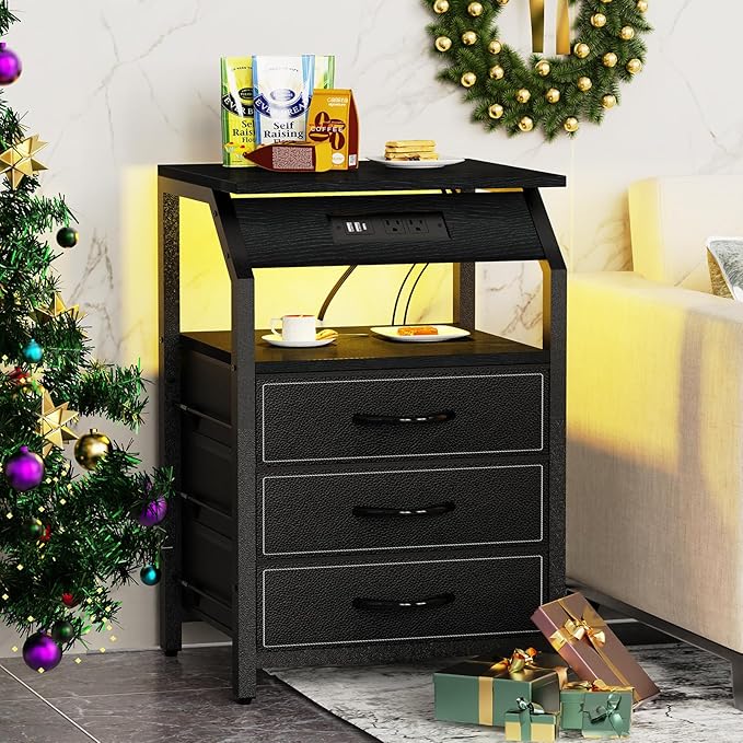 End Tables Set of 2, Nightstands with Charging Station and LED Lights, 3 Drawers Fabric Dressers, Storage Side Tables for Bedside, Living Room, Modern Black